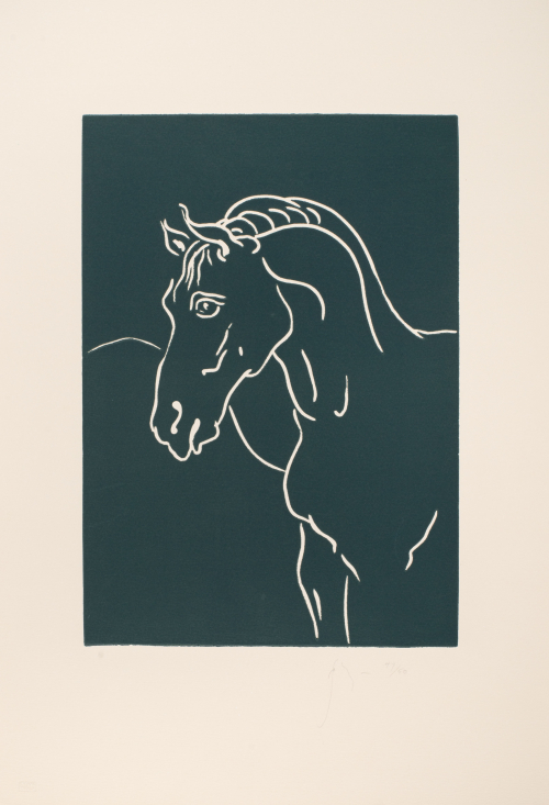 Front view of horse; indication of hills in the background; printed with blue-green ink on creamy paper