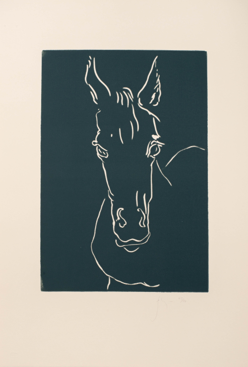 Horse's head and part of its body; printed with blue-green ink on cream background
