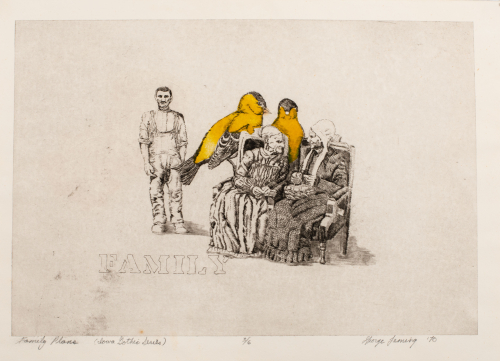 Two old women sitting and conversing; two large yellow finches behind them, man standing in the left center of print. 