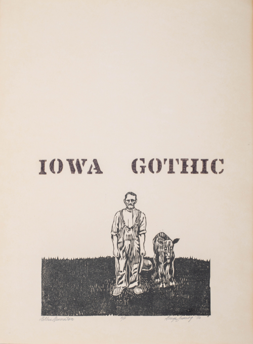 Full-length portrait of a farmer and his cow; the words "Iowa Gothic" are in upper portion of print