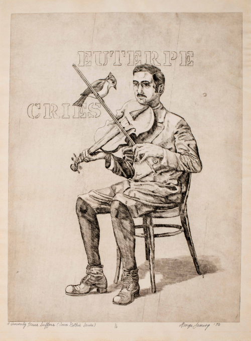 A man sitting on a wooden chair, about to play a fiddle; a bird rests on the bow written above is "Euterpe Cries." 