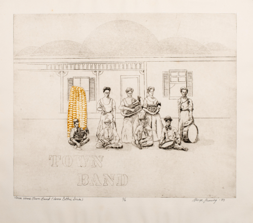 Outdoor scene of townspeople gathered with their instruments in front of a building, a large yellow ear of corn is behind people
