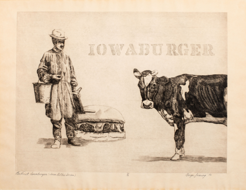 Large hamburger in the background; stenciled "IOWA BURGER" above cow; man standing on left side