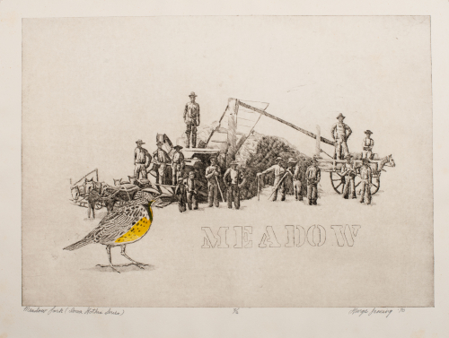 "MEADOW" in stenciled letters; several men working together, large bird on left side