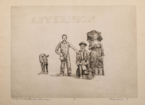 Stenciled "AFTERNOON" on top; three figures, one lady with an umbrella, a bearded man sitting on a barrel and a man standing