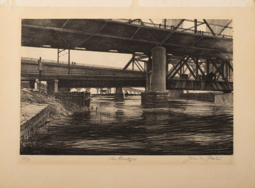 Detailed black and white depiction of water flowing under two bridges; viewpoint is from below looking upward