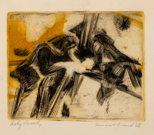 abstraction of three figures printed in black and a burnt umber color. Joseph to the left and Mary to the right, Jesus is center