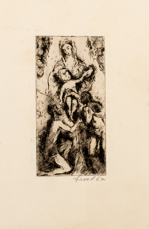 Madonna and child with two figures The lower right figure reaches up to the child, and the lower left figure kneels to the right