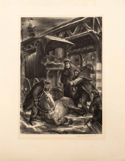 Night scene under a bridge, two men hold a horse that is laying down; one man and two children look on with a large wagon behind
