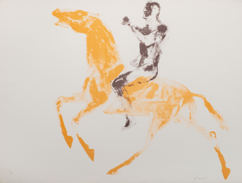 Loose depiction of the figure of a man riding a horse, the horse is orange and the man is brown.