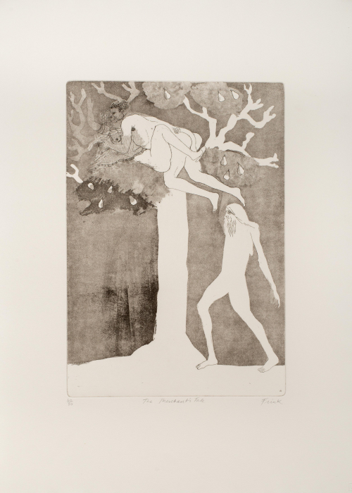 Shades of gray of a man and woman depicted in a pear tree copulating.  Another man is at the base of the tree. 