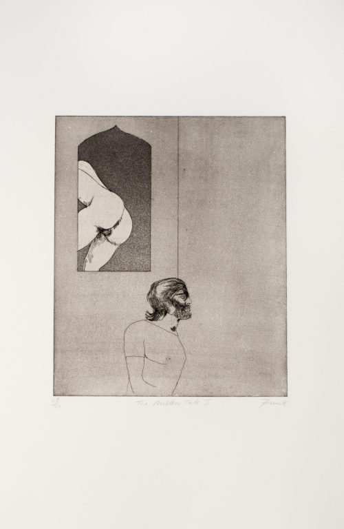 Two walls with a window on the left wall. In the window, a posterior view of a nude male. Below the window a bearded man walking