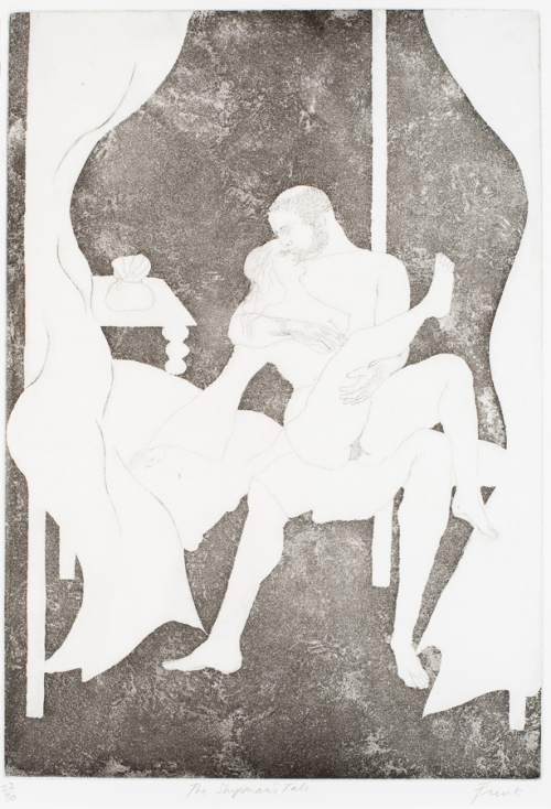 Nude woman sitting on a man on a canopy bed,  man kisses the woman right hand on her breast and left under her leg. 