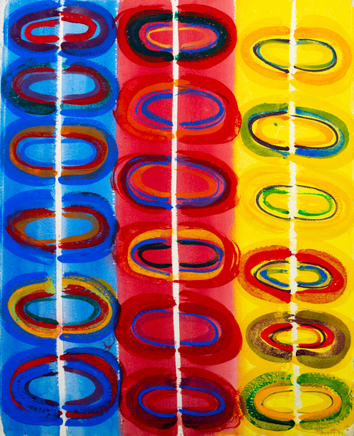 Three vertical columns of primary colors blue, red, and then yellow, each has a white center line and six oval rainbow shapes