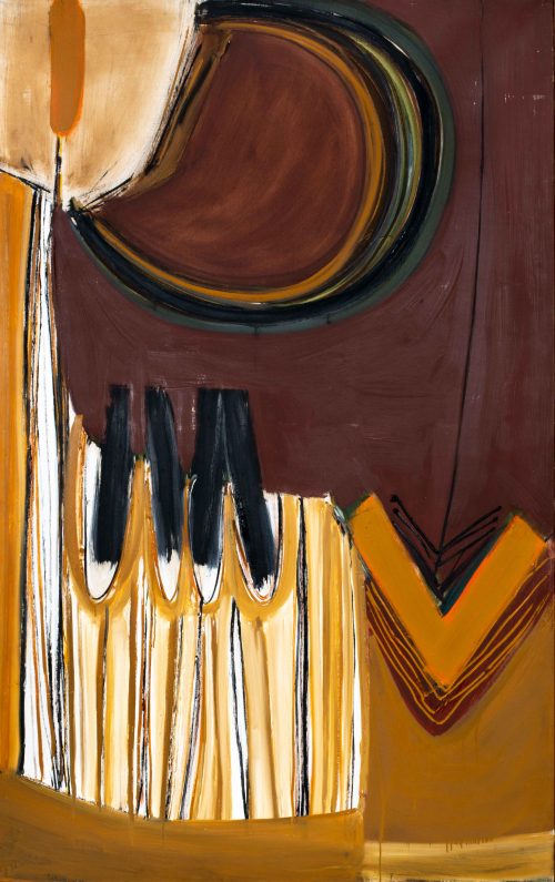 Maroon, ochre and black colored work; cattail shapes, lower right and large circle, upper center; v-shapes, lower right corner