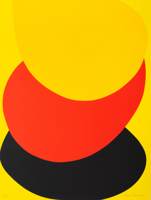 Yellow background with three large ovals, dark yellow oval takes up top half of print, red oval in central third and black below