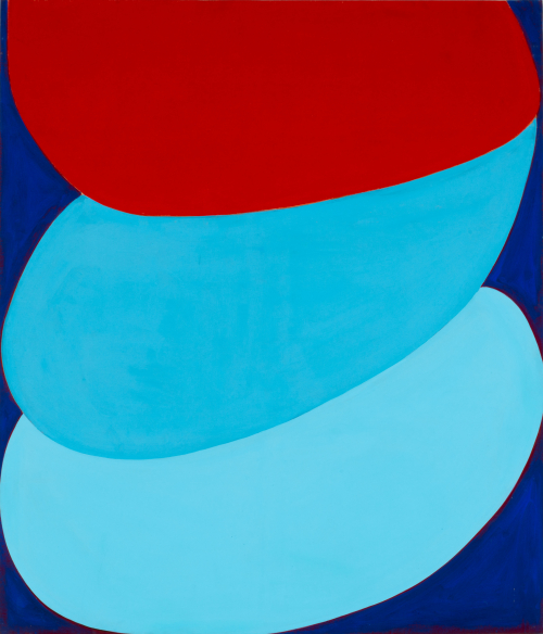 Large blob-like shapes, stacked on top of each other in center taking up most of composition on blue background