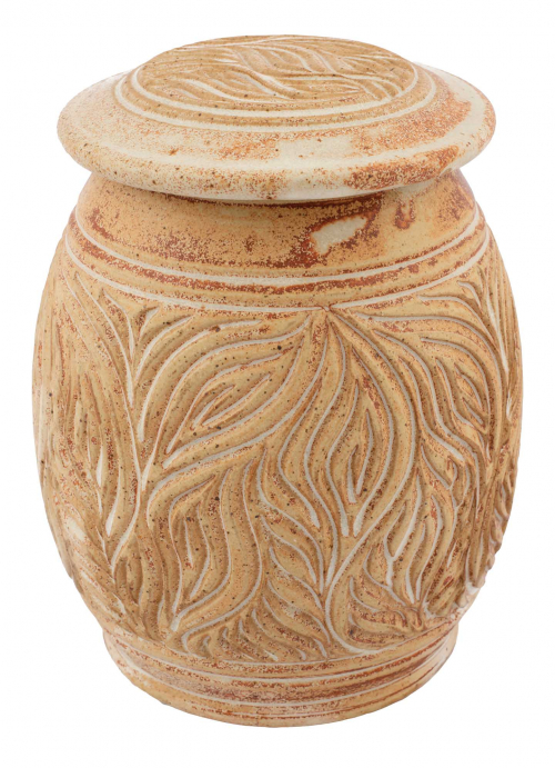  lidded jar deeply incised with matte beige and red-brown glazing.