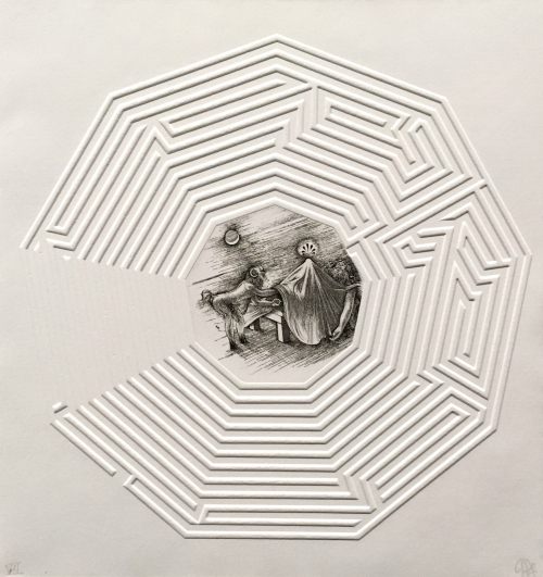 An embossed image with a maze leading to a satyr and a covered man