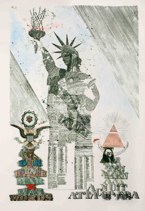 Statue of Liberty depicted at the center by using Wallstreet newspaper print.  