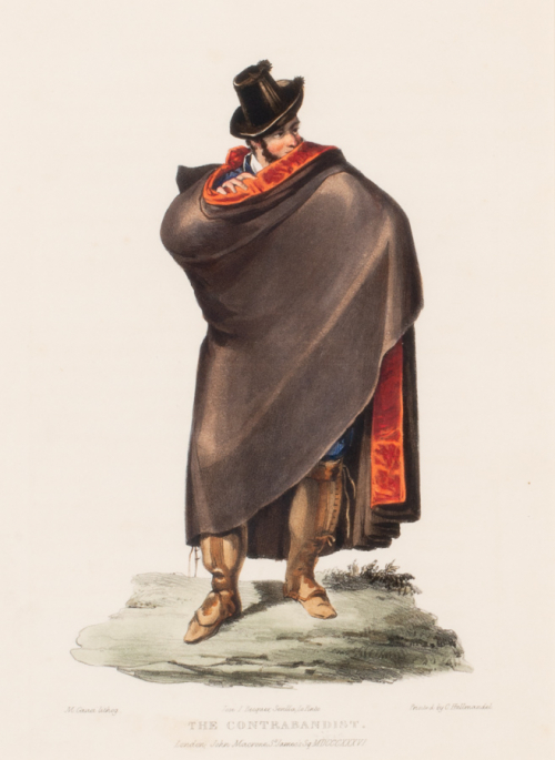 Bearded man with hat, wearing a brown cape with red lining standing with cape thrown over shoulder