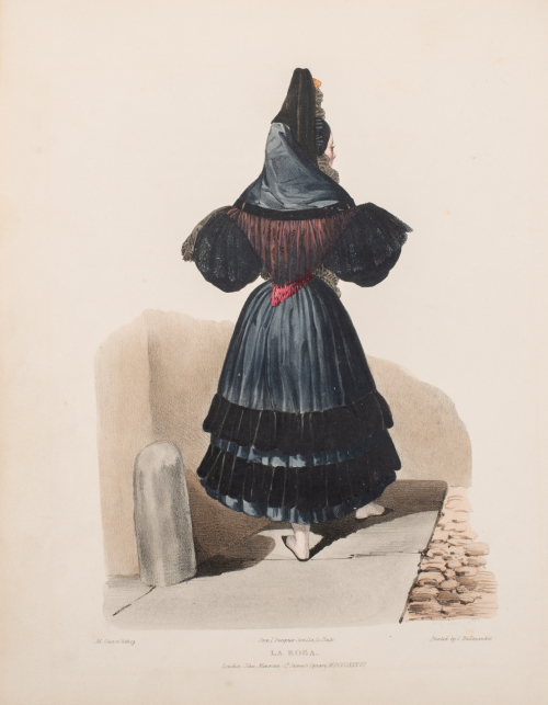 Woman with back facing viewer, wearing a black, brown and gray ruffled dress
