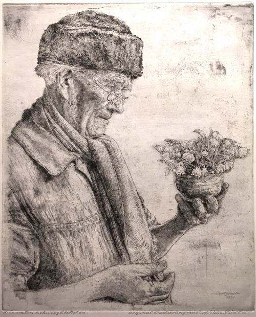 Image of a male figure wearing a hat and scart holding a tiny potted plant