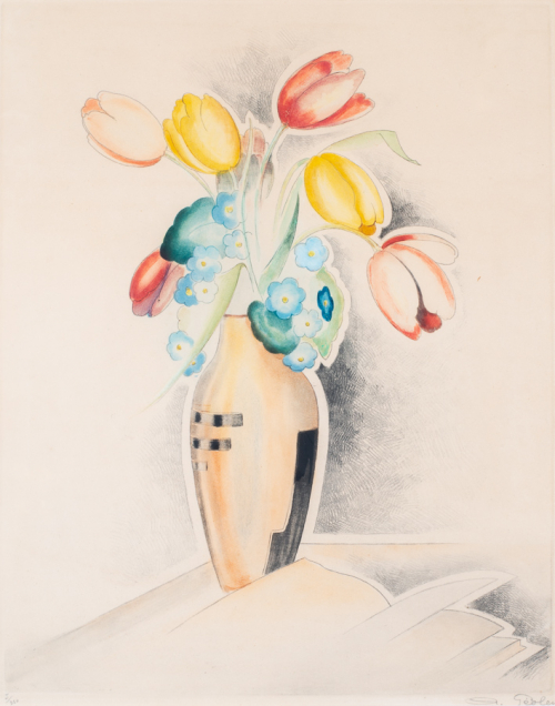Several flowers (red and yellow) in orange vase.  Open book is at the base of the vase
