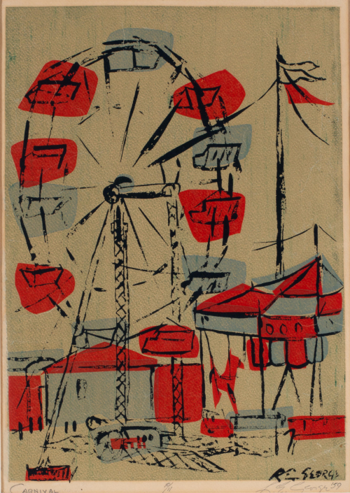 Carnival scene dominated by a Ferris Wheel on the left and printed in red, black, and grays