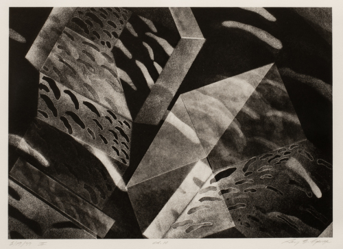 From Graphite Extensions, a suite of five black and white lithographs; pulled from a graphite drawing on stone