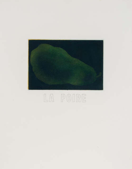 Impressed image of a dark green pear on its side in a field of black (upper center). The words "LA POIRE"  below