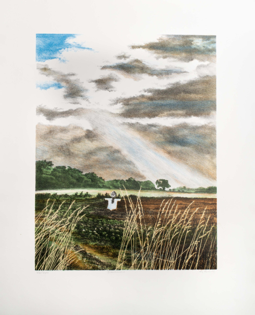 Foreground setting of a farm field with a scarecrow, midground tree line, top half sky with parting clouds and light shining