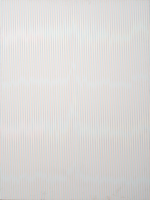 Op-art painting, with vertical thin aqua, peach and lavender lines intersecting with one another