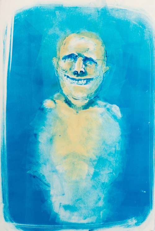  Yellow abstracted grinning figure with a well-defined face and a suggestion of a body painted in gestural strokes in blue back.