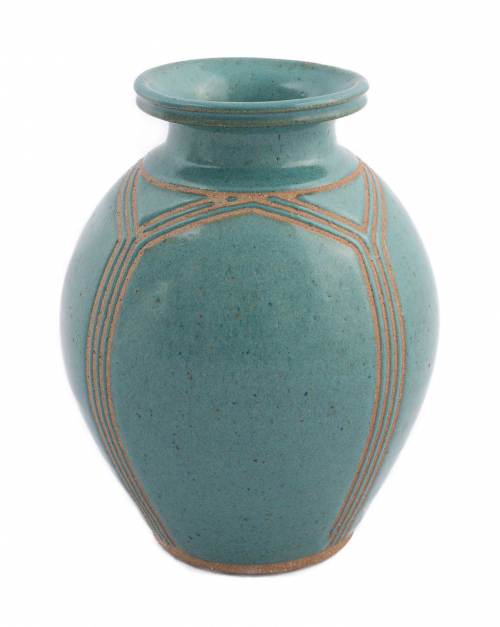 ginger jar-shaped pot with celadon glaze and 4 sets of  4 vertical parallel lines that meet in Gothic arch-shapes at the neck