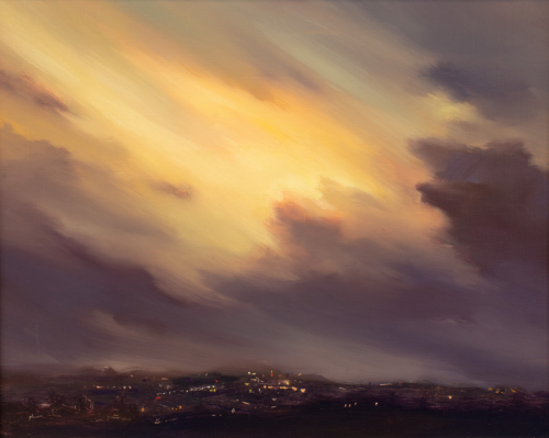yellow and violet sky taking up most of the picture plane, and the lower half depicts a nighttime cityscape