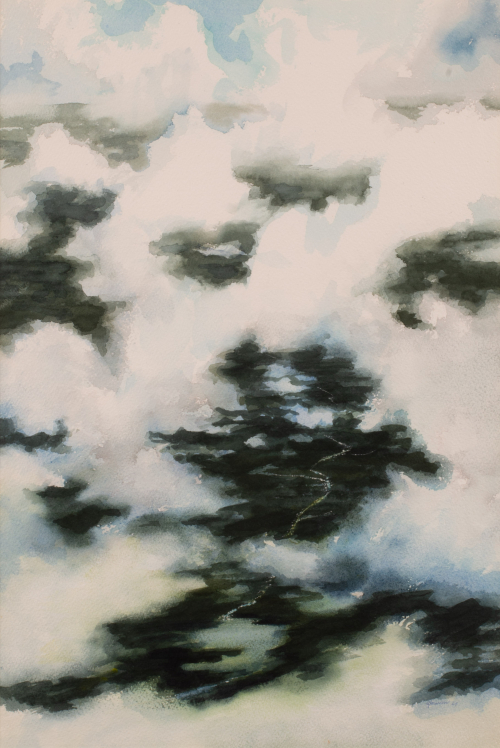 The compostion is blue, green and white. depicting an arial view of a river, including large white clouds in the foreground