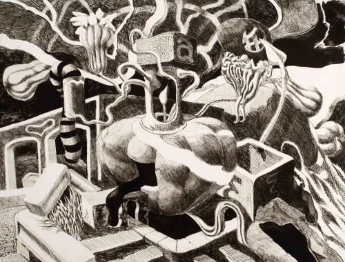 Surrealistic B&W print. Pumpkin-like object at center, as well as a candle at the center of the object with a block above.