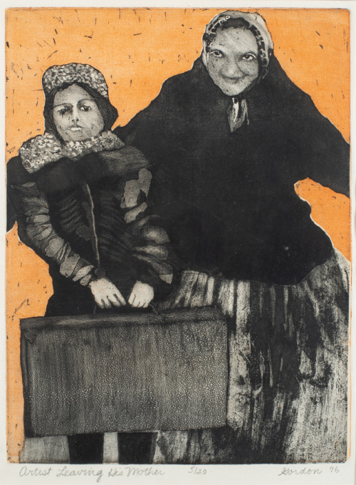 Black and white image of a mother and her son, who is holding a suitcase or a portfolio; background is orange