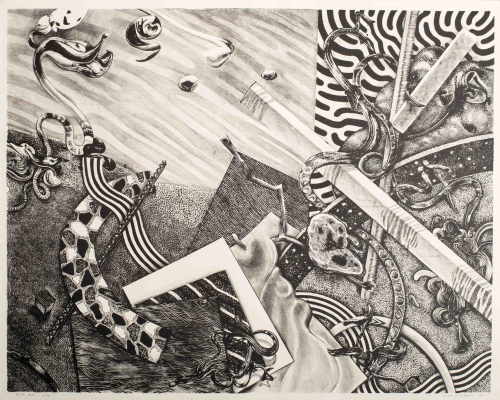  Black and white collage of various patterned materials