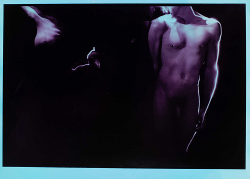 An image printed on turquoise-colored paper. The composition features a nude male figure to the right and part of the torso 