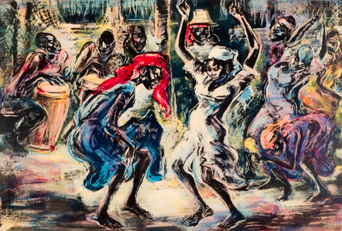 A colorful image of dancers with drummers in the background