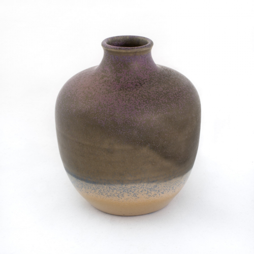 Short, rounded bottle with dark purple and gray glaze on upper portion and light glaze on lower