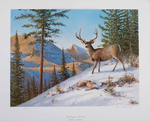 color illustration of Deer standing on mountainside in snow. 