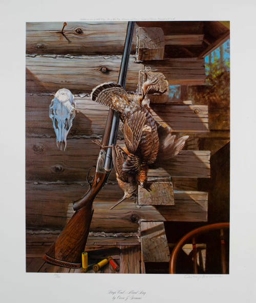 Shotgun leaning against cabin wall with string of dead birds next to it.