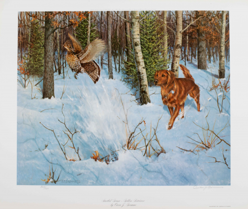 color illustration of golden retriever in snow chasing bird