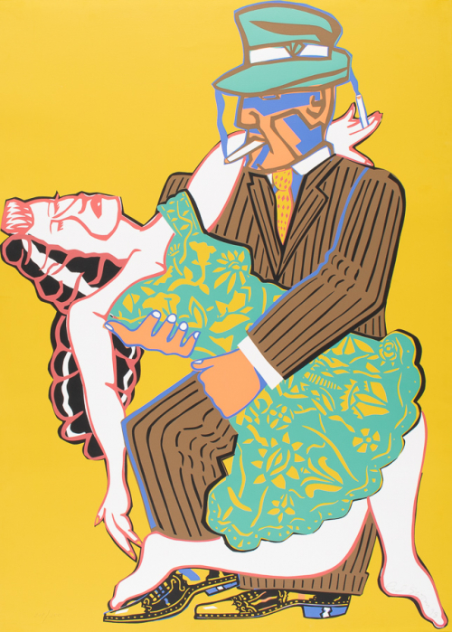 Colorful depiction of a man holding a woman in his arms, dancing