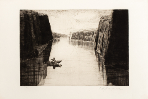 Scene in a fjord; water scene; cliffs on left and right; person rowing a canoe in center left