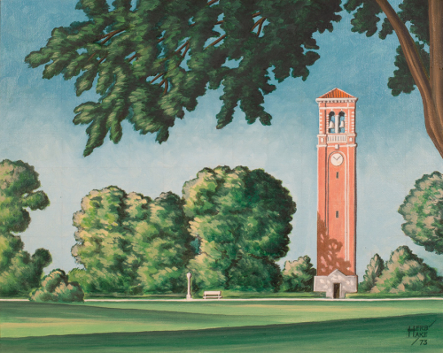 View of the UNI Campanile, which is placed to the right of the composition, amongst trees on a sunny day.