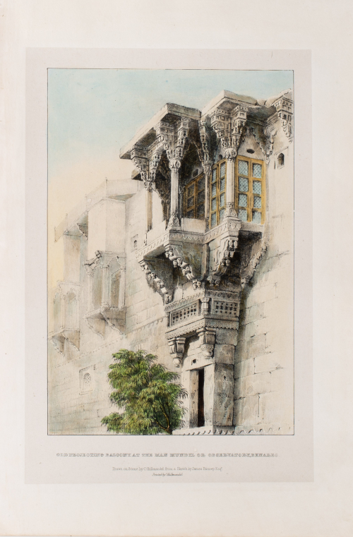 Colored lithograph of a balcony, blue sky, tree at bottom of image; other balconies are in the background; title written below 